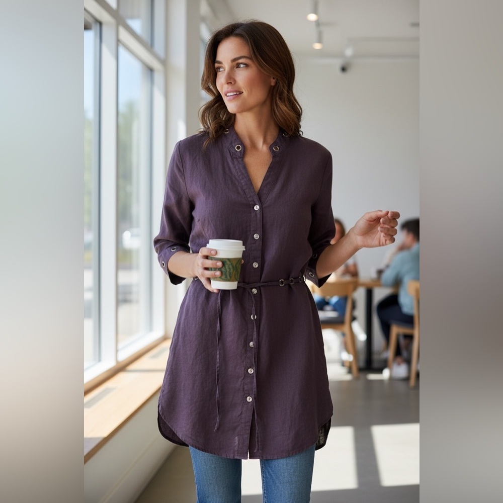 Laura Brown Linen Belted V-Neck Button Down Collarless Bronze Accented Tunic